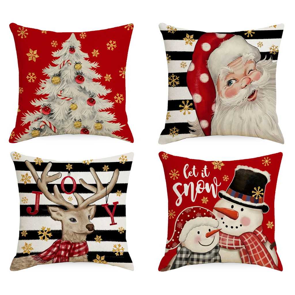 Red Gold Christmas Tree Snowman ปลอกหมอน Linen 7070.6060.5050.4545.4040.ปลอกหมอนอิงโซฟาตกแต่งคริสต์มาส.ปลอกหมอนข้างเครื่องนอนที่บ้านที่อบอุ่น