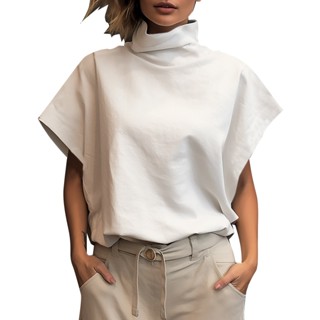 Zanzea เสื้อเบลาส์ลําลอง คอเต่า แขนสั้น สีพื้น สไตล์วินเทจ ส…