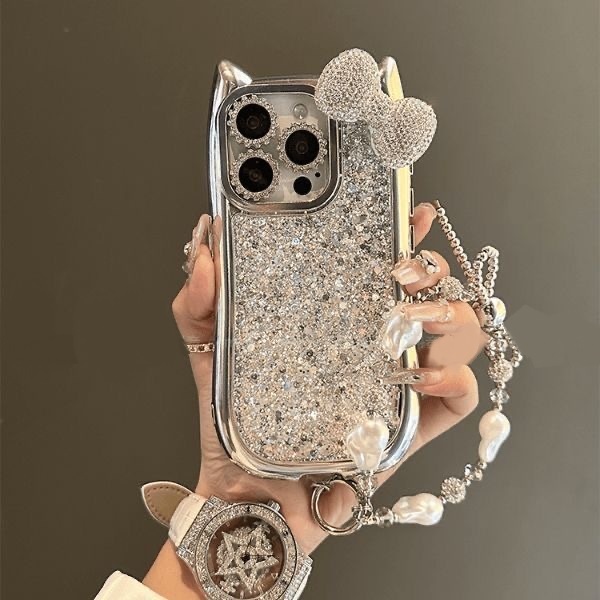 แฟลชเพชรโบว์กับโซ่หูแมวเคสโทรศัพท์สําหรับ ไอโฟน 16 16โปรแม็กซ์ 15 13โปรแม็กซ์ 12 11 14 14 มือโปร 14 มือโปร สูงสุด นุ่มเคสโทรศัพท์