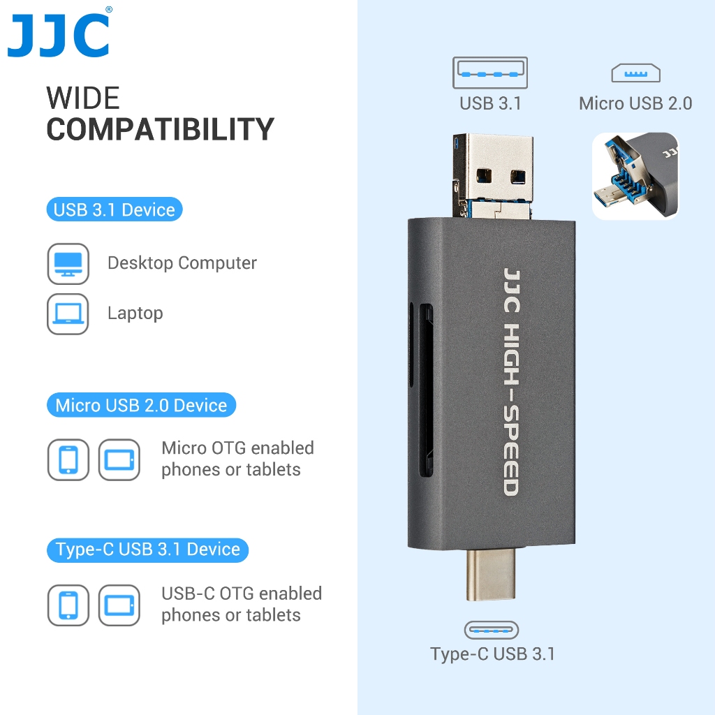 JJC UHS-II SD Micro SD Card Reader เครื่องอ่านการ์ด SD Micro SD, พอร์ตเชื่อมต่อ USB-A 3.1 USB-C 3.1 Micro USB 2.0 ความเร็วการถ่ายโอนสูงสูงสุด 312MB/s