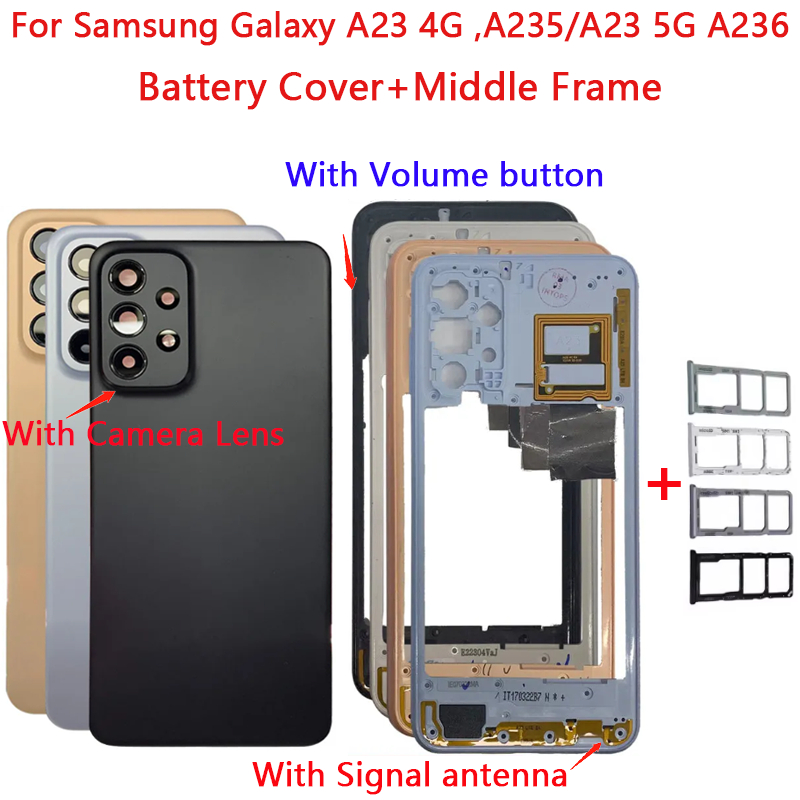 ใหม่ปกหลังสําหรับ Samsung Galaxy A23 4G ,A235/A23 5G A236 แบตเตอรี่ + กรอบกลาง + ถาดซิมด้านหลังประตูกรณีพร้อมเลนส์กล้อง + ปุ่มด้านข้าง