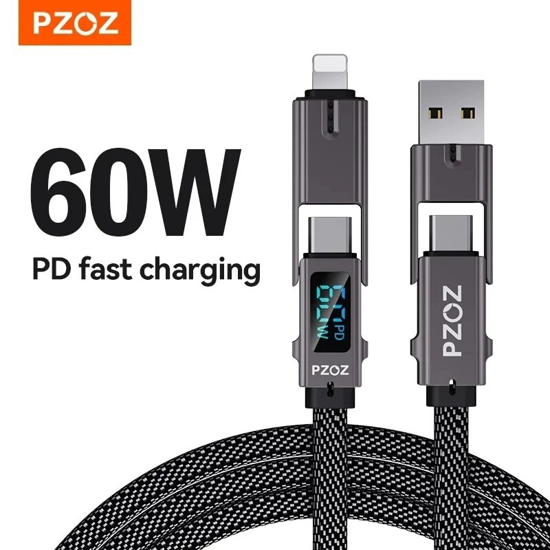 Pzoz 4 in 1 60W PD USB C สายดิจิตอลจอแสดงผล Fast Charging สําหรับ iPhone 16 15 14 13 Pro Max Xiaomi Samsung Huawei MacBook iPad USB ประเภท C สายไฟชาร์จ