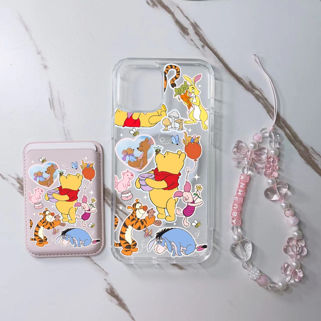 น่ารักการ์ตูน Winnie the Pooh รูปแบบ 3 ชิ้นน่ารักกระเป๋าสตางค์สําหรับ iPhone 15pro 15promax 14 14promax 14pro 16 pro max 16 plus กระเป๋าสตางค์ฝาหลัง