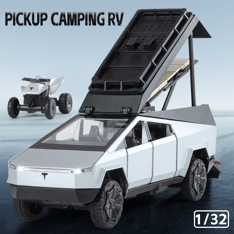 RUM1:32 Scale Tesla Cybertruck Campingรถรุ่นLight & Sound EffectรถDiecastของเล่นสําหรับวันเกิดของเล่นเด็กคอลเลกชันรถ