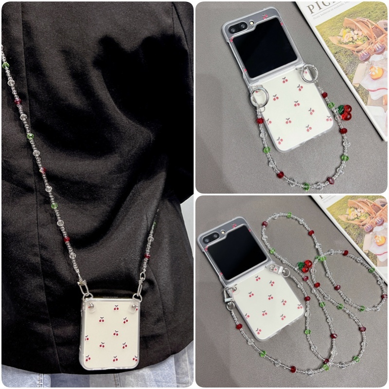 รูปแบบเชอร์รี่น่ารัก Hard Matte Clear Case Samsung Galaxy Z Flip 6 Z Flip 5 Z Flip 4 Z Flip 3 Casing Bracelet CrossbodyHard PC กันกระแทกฝาหลัง