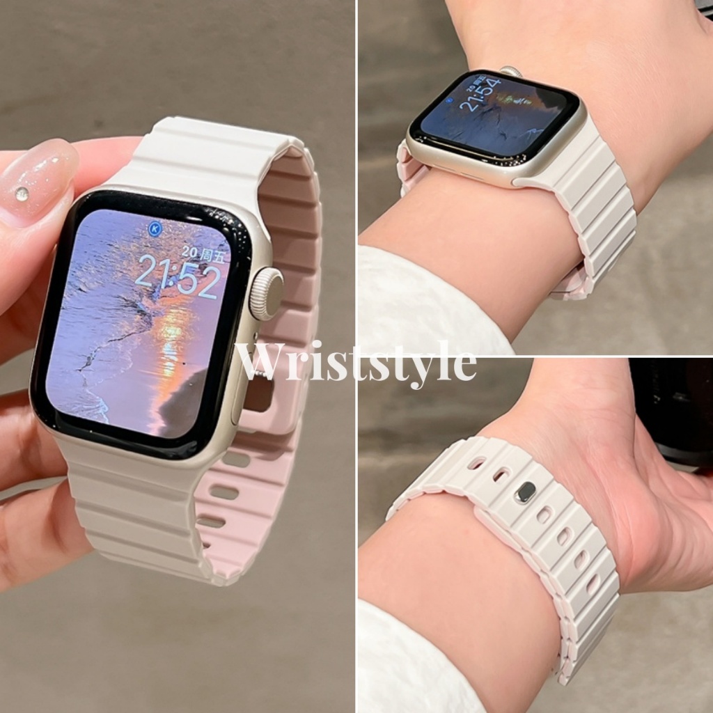 ใหม่เกราะคู่สีแม่เหล็กสายรัดซิลิโคนสําหรับ apple watch S10/9/8/7/6/5/4/3/2/1 SE2 Ultra ผู้ชายผู้หญิงเปลี่ยนสร้อยข้อมือสําหรับ iwatch 49 มม.45 มม.44 มม.42 มม.41 มม.40 มม.38 มม.
