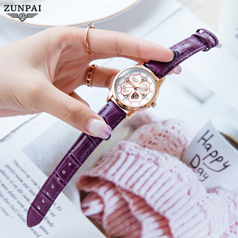 Zunpai นาฬิกาสําหรับผู้หญิงเดิมสายหนังกันน้ําแนวโน้มแฟชั่น Elegant Girls นาฬิกาผู้หญิงควอตซ์ Analog สุภาพสตรีนาฬิกาข้อมือยี่ห้อแท้ [ฟรีพร้อมกล่อง]