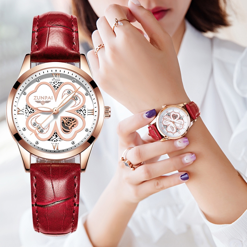 Zunpai นาฬิกาสําหรับผู้หญิงเดิมสายหนังกันน้ําแนวโน้มแฟชั่น Elegant Girls นาฬิกาผู้หญิงควอตซ์ Analog สุภาพสตรีนาฬิกาข้อมือยี่ห้อแท้ [ฟรีพร้อมกล่อง]