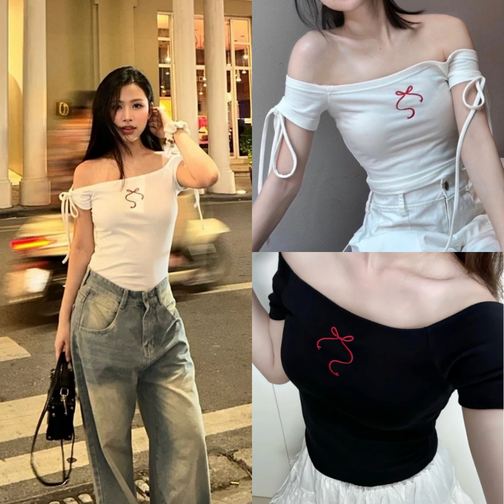 Bella Shop 🌻 เสื้อยืดแขนสั้นที่ไม่มีสายหนังสไตล์ความปรารถนาอันบริสุทธิ์สาวร้อนไหล่เดียวเซ็กซี่ผู้หญิงชั้นนํา