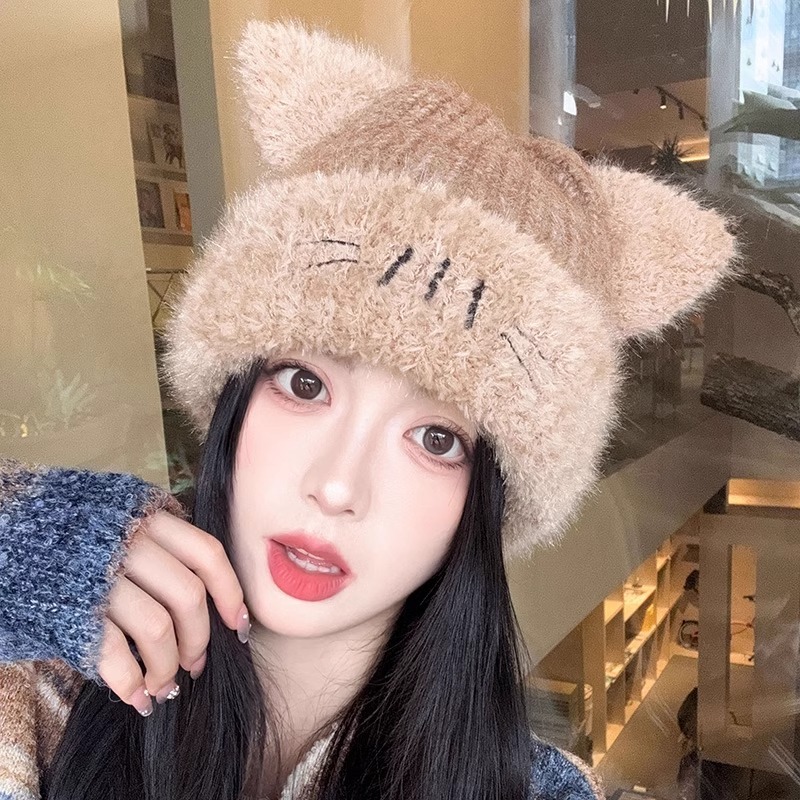 ฤดูหนาวน่ารัก High-End Feel Plush Warm สบายน่ารักหวานถักหมวกหญิง Cold-Resistant Comfor