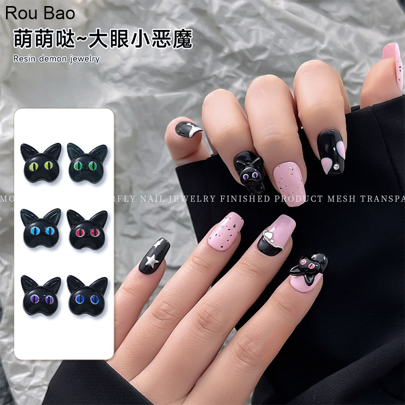 Rou Bao 50 ชิ้นเล็บแมวดําการ์ตูน Big Eyes ปีศาจฮาโลวีน Cool สาวเรซิ่นเล็บ Art DIY Charms ตกแต่ง