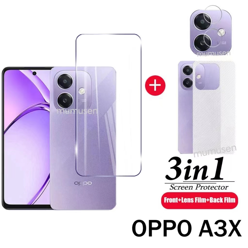 3in1 สําหรับ OPPO A3X ฟิล์มกระจกนิรภัยสําหรับ OPPO A3X ป้องกันหน้าจอ + เลนส์ฟิล์ม + ฟิล์มด้านหลัง