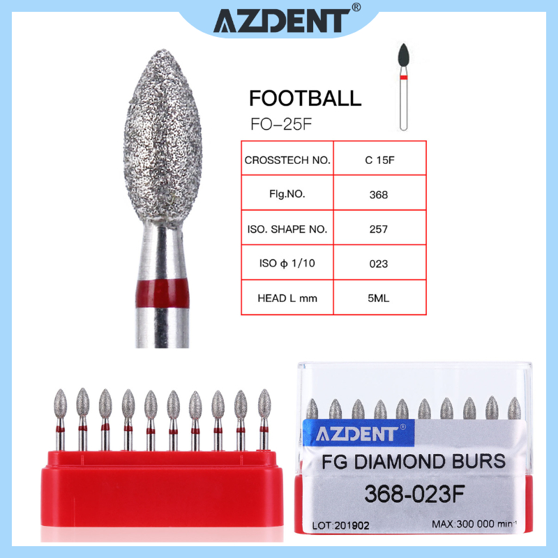Dental Diamond Burs ฟุตบอลรูปร่าง 368-023F Fine Grit วงกลมสีแดง 10 ชิ้น/กล่อง FO-25F AZDENT