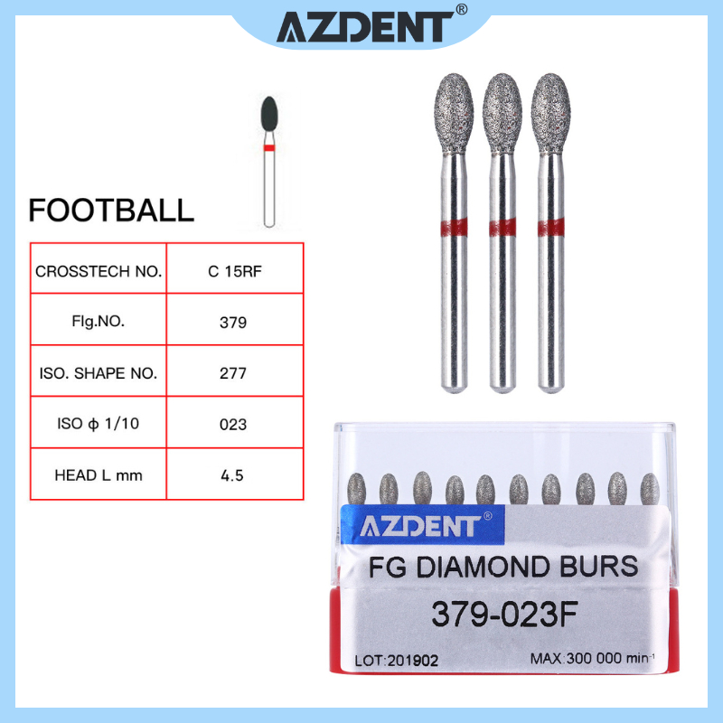 10 ชิ้น/กล่อง AZDENT ทันตกรรม Diamond Burs รูปฟุตบอล #379-023F ขบแบบละเอียด