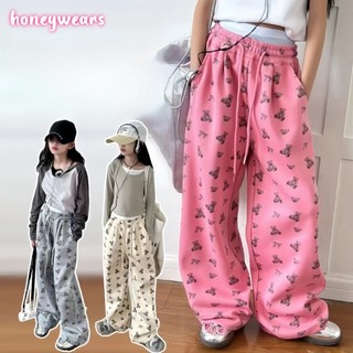 honeywears⚡️พร้อมส่ง⚡️กางเกงขายาวเด็กผู้หญิง ทรงตรง มีเชือก เอวยางยืด ลำลองกีฬา สไตล์เกาหลี ฤดูร้อน ไซส์ 120-160