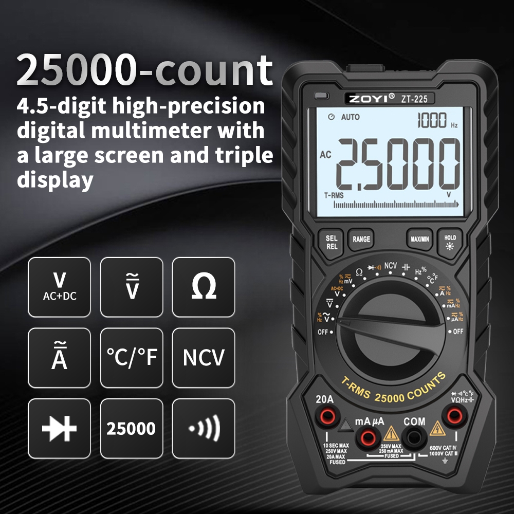 Zoyi ZT-225 25000นับมัลติมิเตอร์แบบดิจิตอลความแม่นยําสูง AC/DC ต่อเนื่องสามใช้เมตร Multimeter