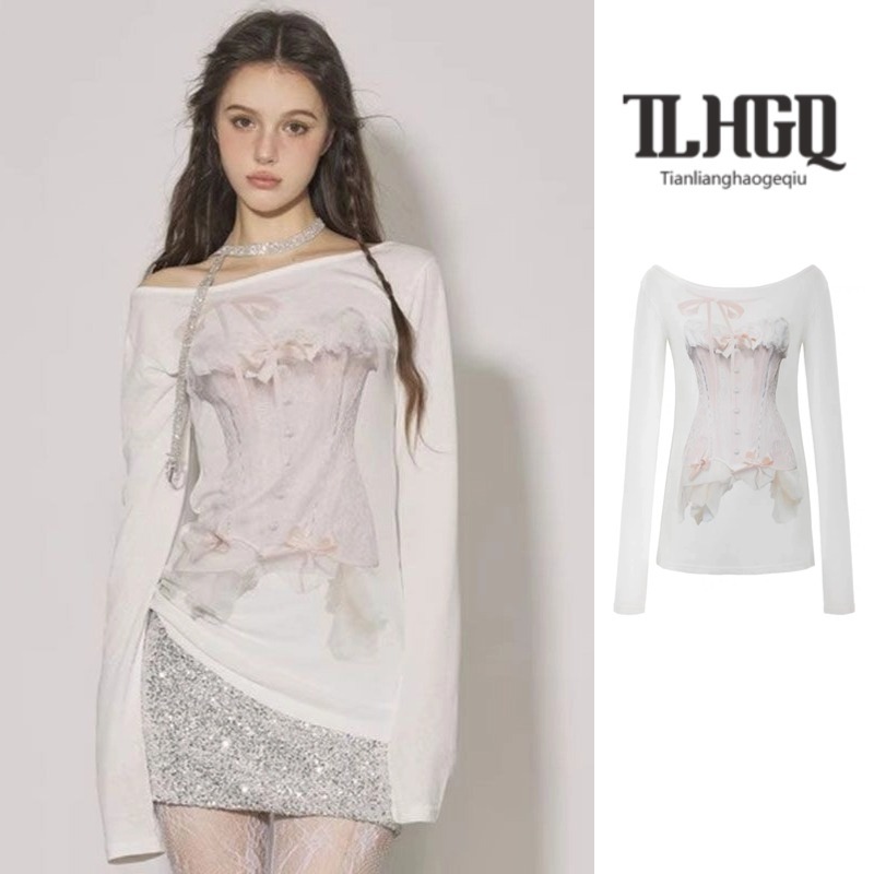 Tian-lianghaogeqiu เสื้อยืดแขนยาวผู้หญิงอเมริกันย้อนยุคไหล่เดียวปิดไหล่หลวมเซ็กซี่น่ารักสบายๆ