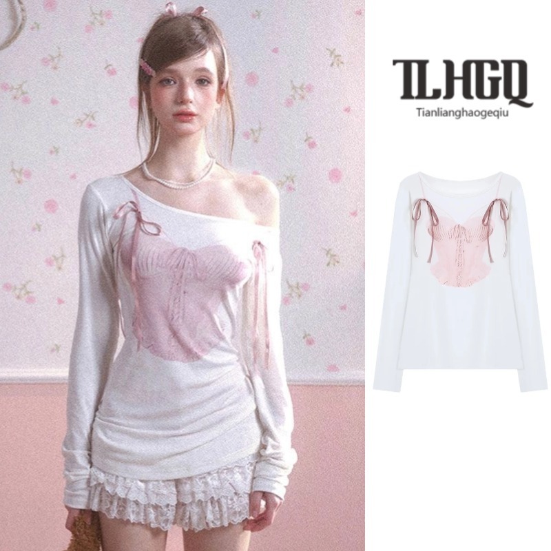 Tian-lianghaogeqiu เสื้อยืดแขนยาวผู้หญิงอเมริกันย้อนยุคไหล่เดียวปิดไหล่หลวมเซ็กซี่น่ารักโบว์ลําลอง