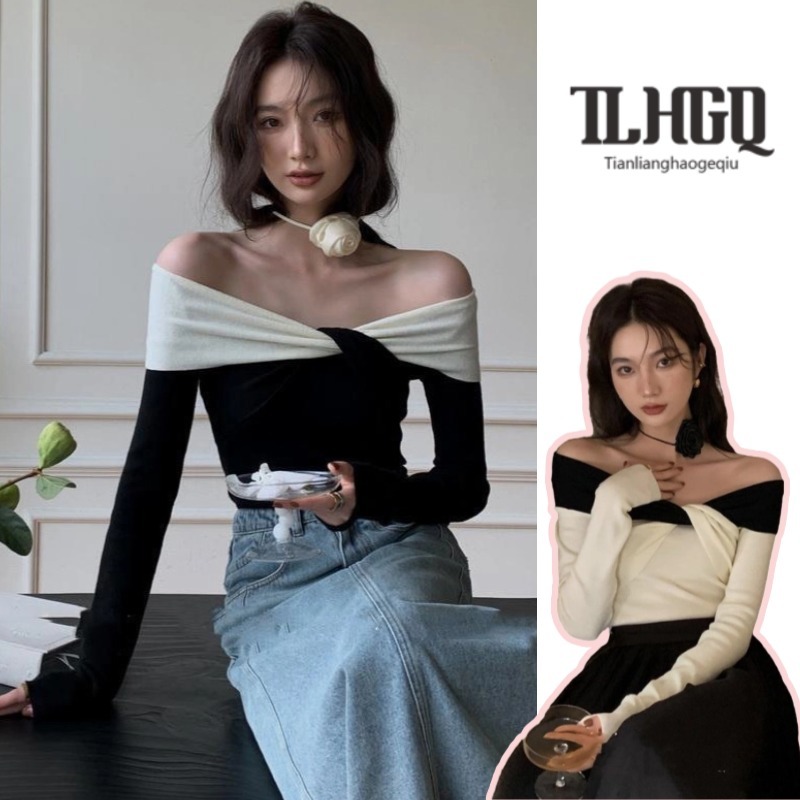 เสื้อสเวตเตอร์ผู้หญิง Tian-lianhaogeqiu พร้อมคอไหล่เดียวทรงสลิมสไตล์เกาหลีดีไซน์เซ็กซี่และน่ารัก