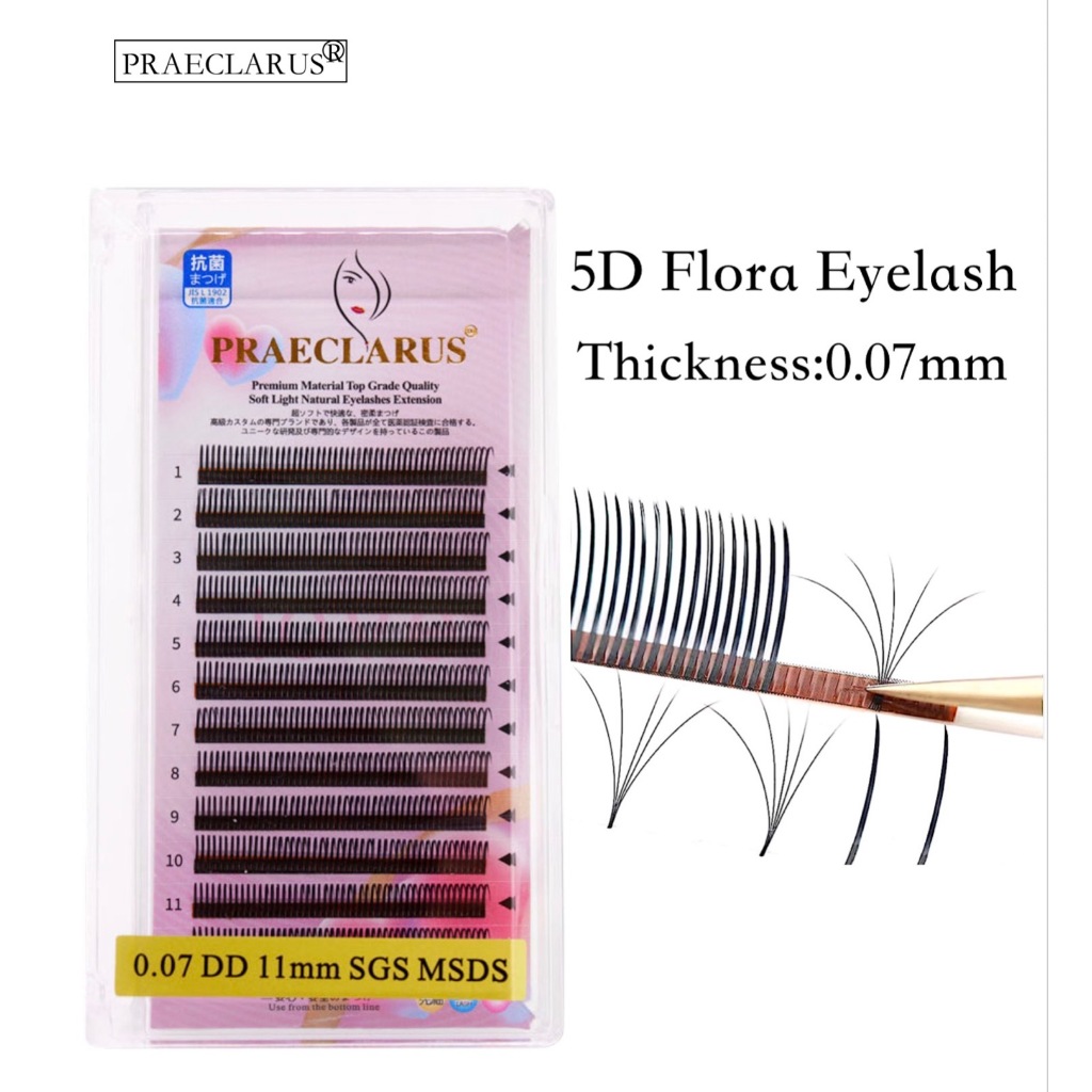 PRAECLARUS ขนตาดูเปียก ความหนาของขนตา 5D Flora Wet Look 0.07 มม. ต่อขนตาดอกทานตะวันดูเปียก ขนตาปริมาณดอกไม้ 5D วัสดุระดับพรีเมียม ขนตาดูเปียกนุ่มเป็นธรรมชาต