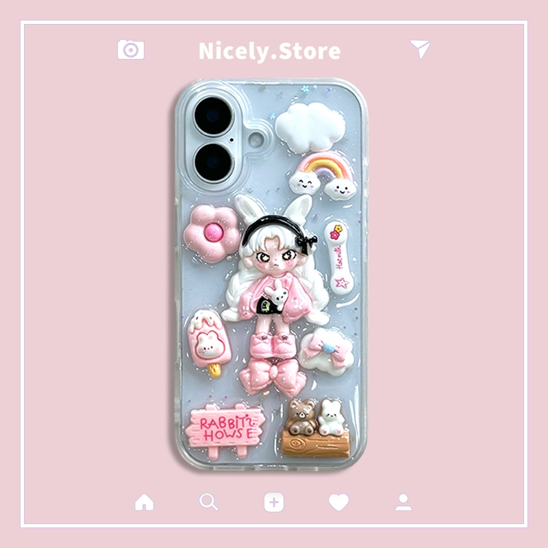 น่ารักผมสีขาว Dora กระต่ายหูสาวอีพ็อกซี่โปร่งใสเคสโทรศัพท์สําหรับ iPhone 16 15 14 13 12 Pro Max 11 16Promax Dirt Resistance TPU โทรศัพท์มือถือกรณีปก
