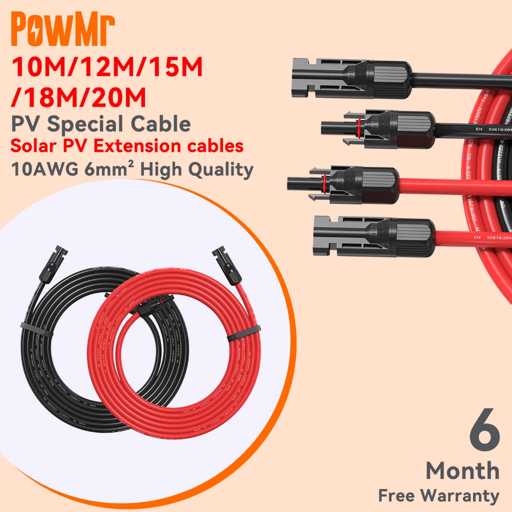 PowMr MC4X6 9M / 10M / 12M / 15M / 18M / 20M สายแผงโซลาร์เซลล์สีดําและสีแดง 6mm² 10AWG สายพลังงานแสงอาทิตย์ IP67 กันน้ําพร้อมขั้วต่อ DC 1500V ทนต่ออุณหภูมิสูงสําหรับการใช้งานที่อุณหภูมิสูง