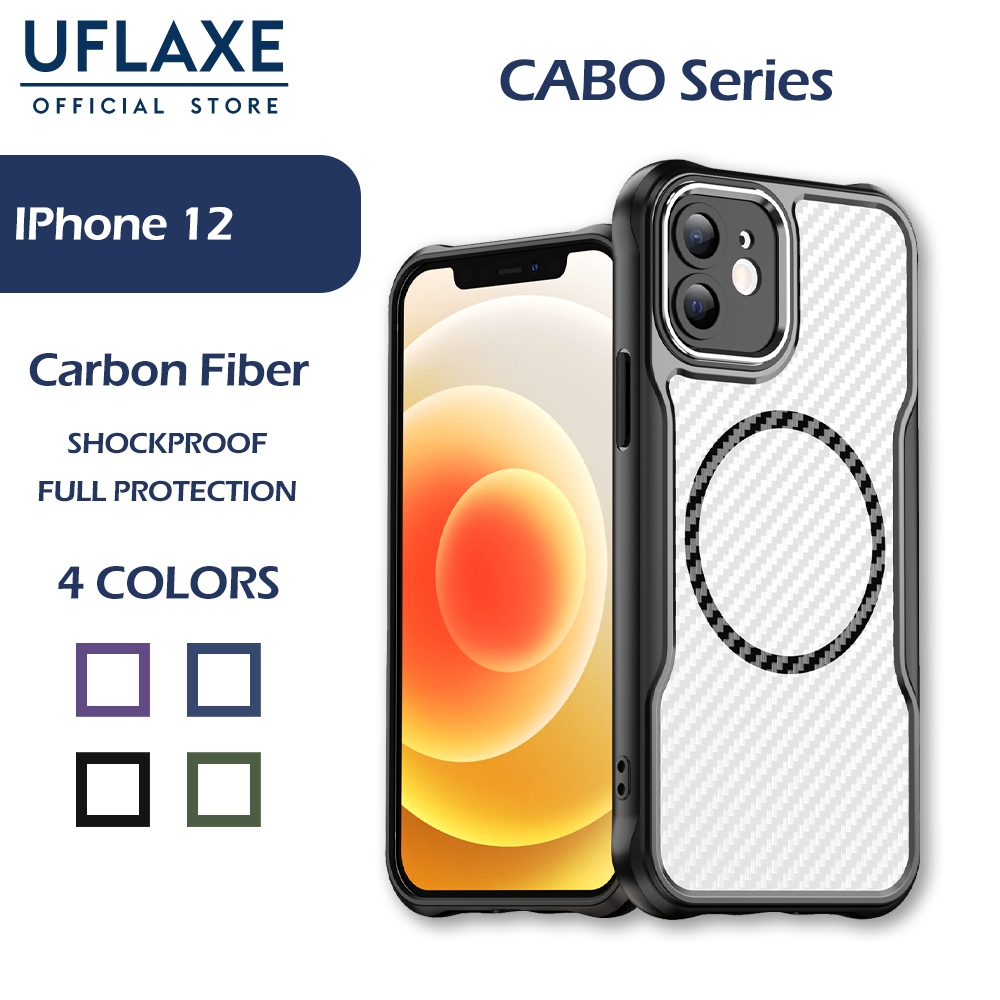 UFLAXE CABO เคสแม่เหล็กสำหรับ Apple iPhone 12 - เคสโทรศัพท์ใส เคสแข็งกันกระแทกคาร์บอนไฟเบอร์