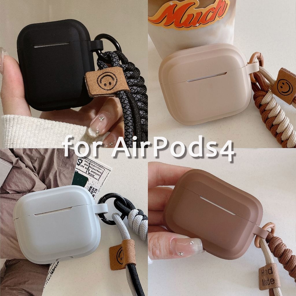 Square TPU เคสหูฟังสําหรับ AirPods4 gen case เพิ่มเติมหน้ายิ้มถักสายคล้องมือหูฟังป้องกันกรณีสไตล์ใหม่สําหรับ AirPodsPro2 Pro1 gen1gen2
