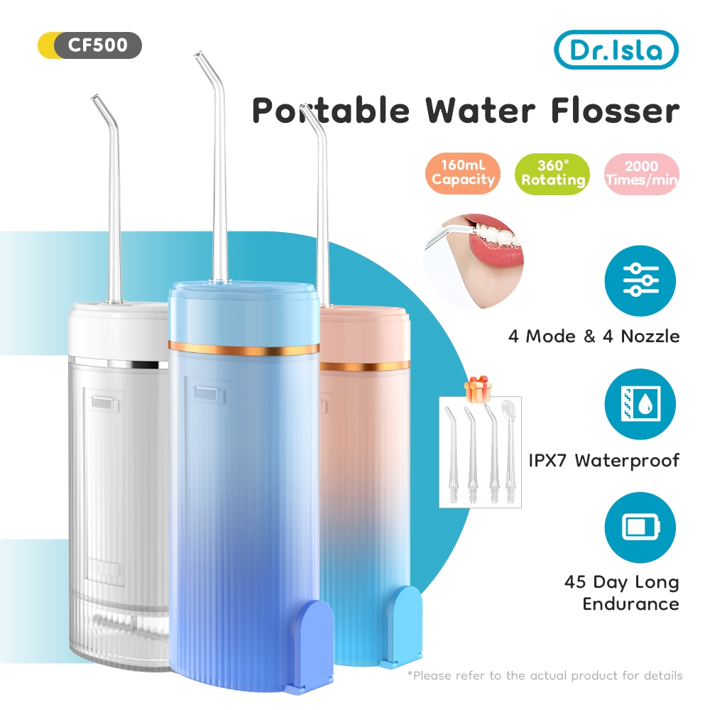 Dr. Isla ไหมขัดฟันพลังน้ำ (4 โหมด + 4 หัวฉีด) Water Flosser เครื่องทำความสะอาดฟัน IPX7 กันน้ำ ดูแลช่องาก เครื่องทำความสะอาดฟันแบบพกพาเครื่องล้างฟัน แบบพกพา Oral Care CF500