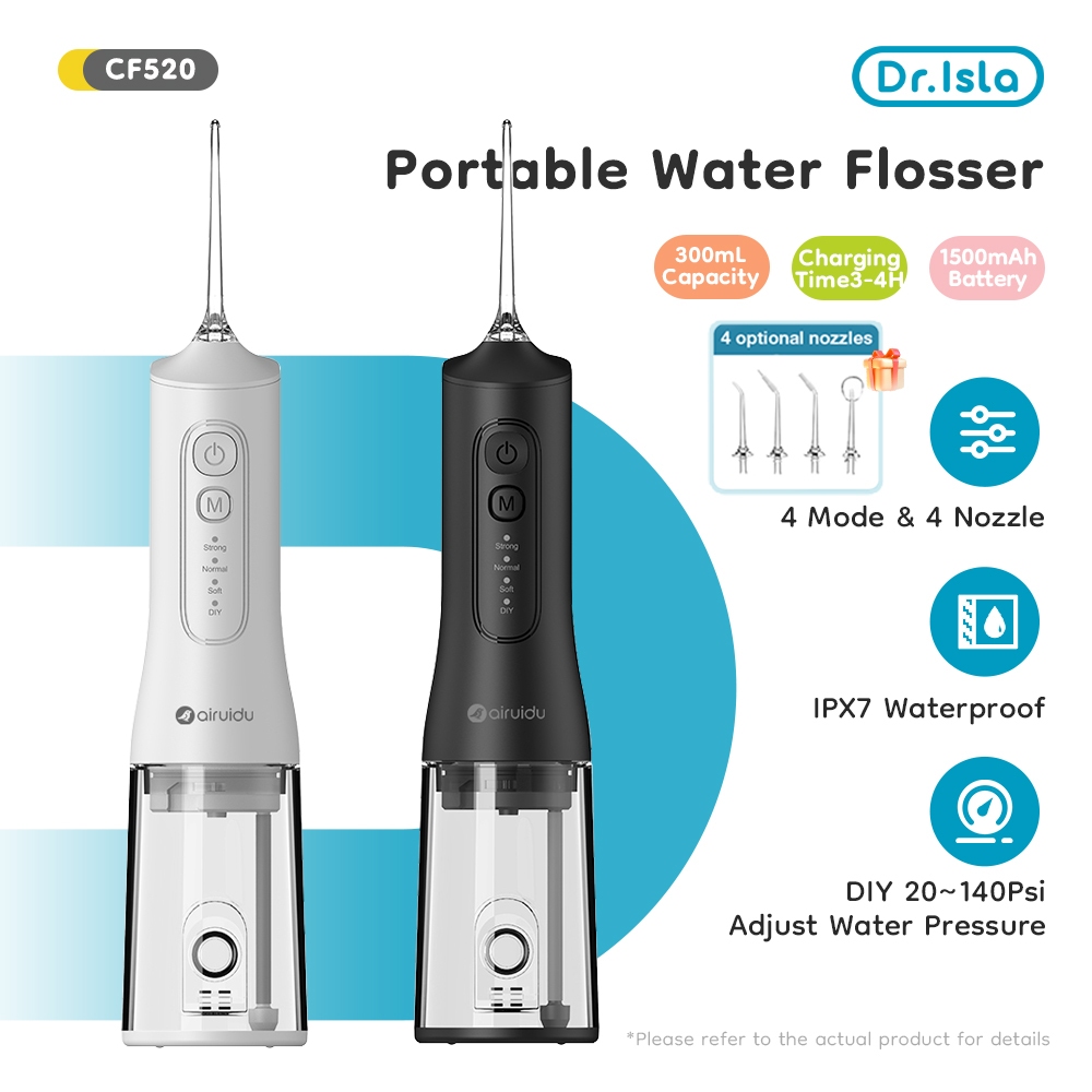 Dr.isla ไหมขัดฟันพลังน้ำ IPX7 (4 โหมด + 4 หัวฉีด) 300MLถังน้ำ กันน้ำแบบพกพา ช่วยทำความสะอาด ขจัดคราบพลัคตามซอกฟัน Water Flosser CF520