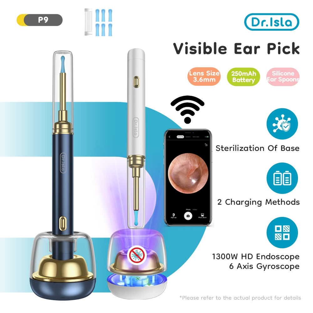 Dr.isla ไม้แคะหู มี กล้อง องศา 1300W พิกเซล มาพร้อมฟังก์ชั่นฆ่าเชื้อด้วยแสง UV ฐานชาร์จ กล้องเอนโดสโคปอัจฉริยะ LED HD ช้อนหู WIFI น้ำยาทำความสะอาดรูหู หมุนได้ 360 P9