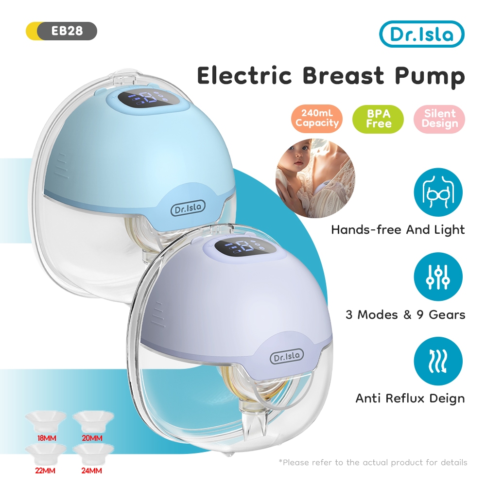 Dr.isla เครื่องปั๊มนมไฟฟ้า 27MM 3โหมด x 9เกียร์ LED แบบพกพา ปั้มนมไฟฟ้าแฮนด์ฟรี ชาร์จ USB ซิลิโคนอ่อนนุ่ม 18mm/20mm/22mm/24mm EB28