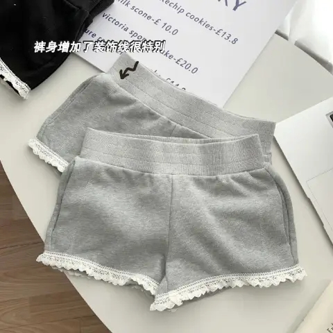 【BANKO】สไตล์บัลเล่ต์ผู้หญิงฤดูใบไม้ร่วงลูกไม้สีเทากางเกงขาสั้นกีฬาลําลอง