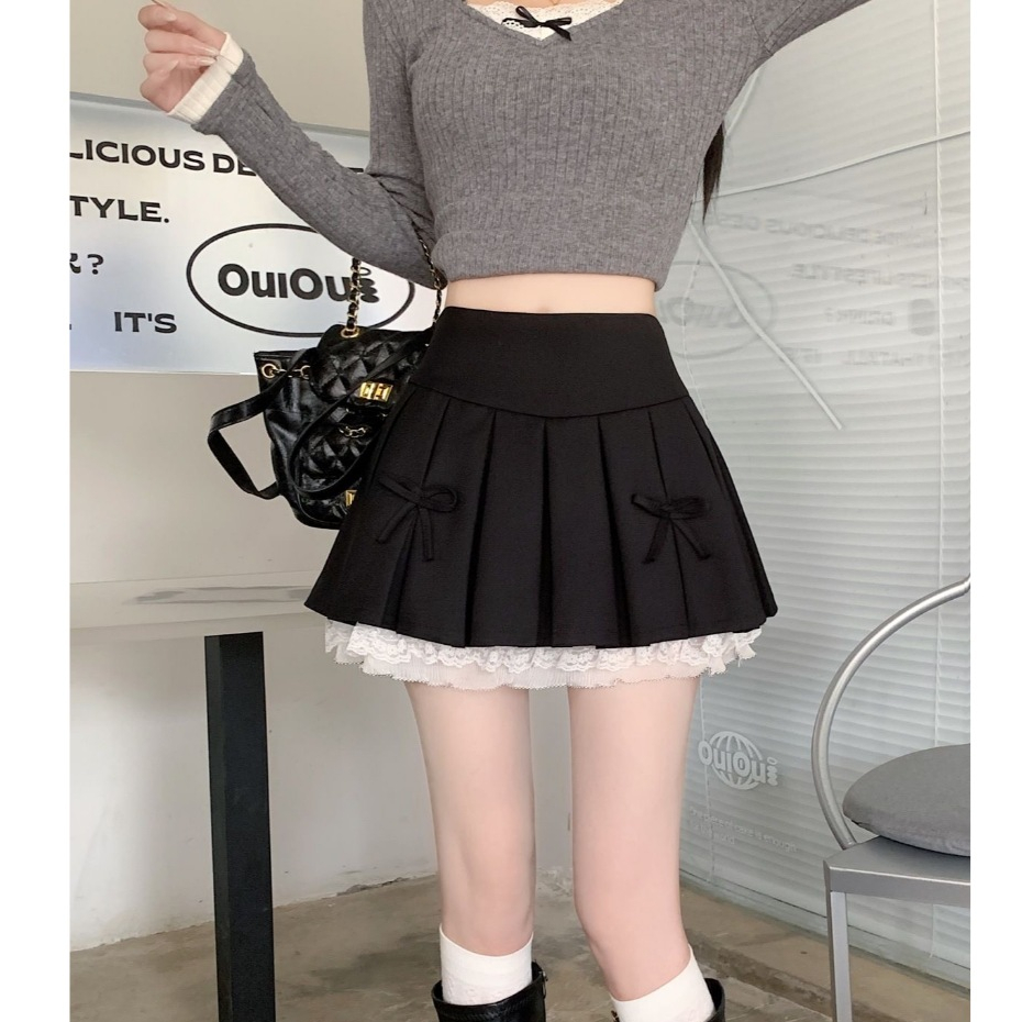 ❤️กระโปรงพลีทดีไซน์ผูกโบว์สไตล์หวานสไตล์เกาหลี