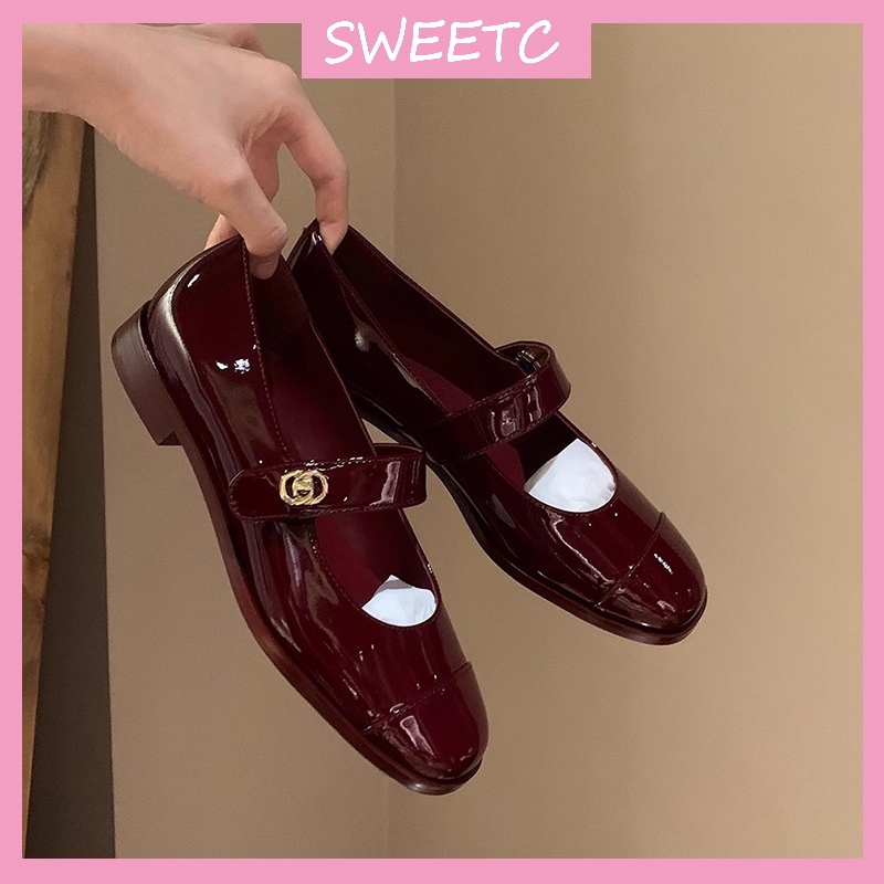 สีแดงรองเท้าแมรี่เจนของผู้หญิงฝรั่งเศสแฟชั่นน้ำหอมขนาดเล็กสไตล์สายรัดหัวเข็มขัดส้นหนารองเท้าส้นเตี้ย