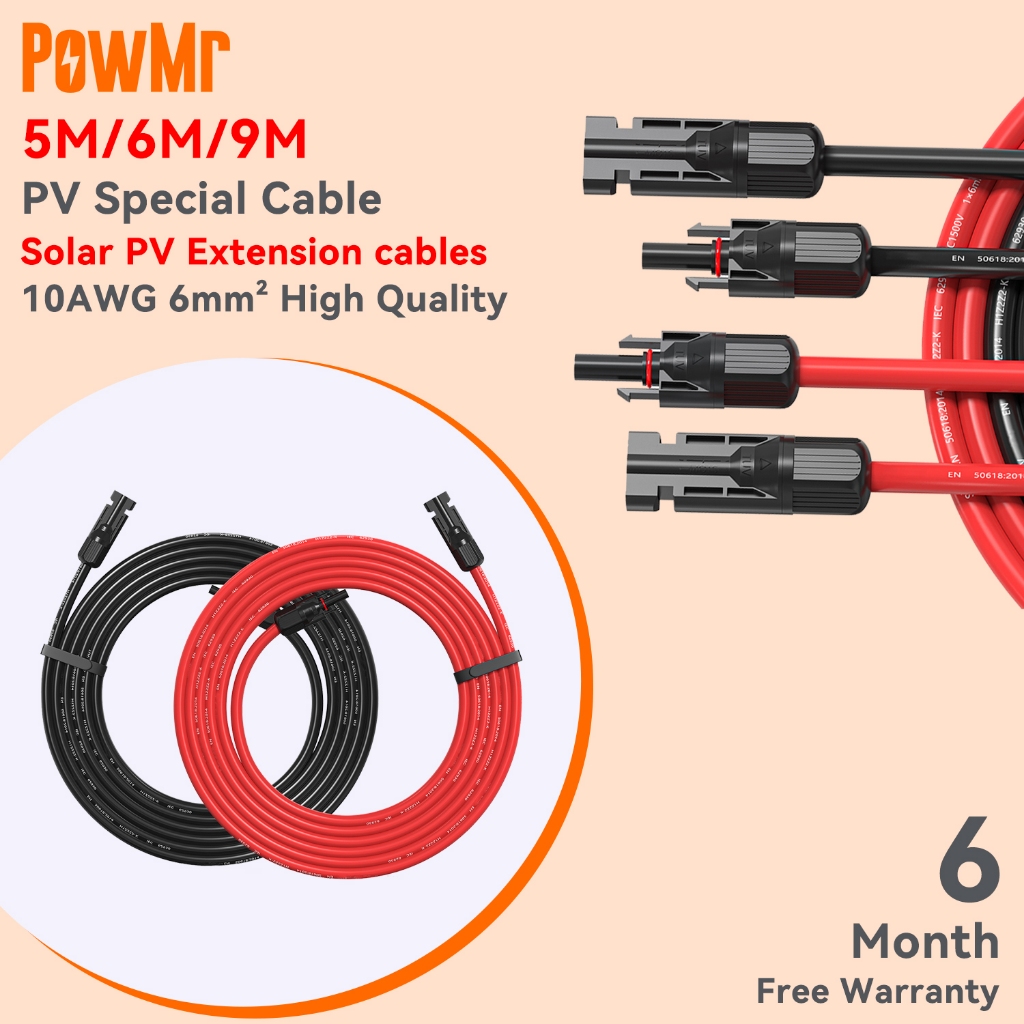 PowMr MC4X6 5M / 6M สายเคเบิลแผงโซลาร์เซลล์สีดําและสีแดง 6mm² 10AWG สายพลังงานแสงอาทิตย์ IP67 กันน้ําพร้อมขั้วต่อ DC 1500V ทนต่ออุณหภูมิสูงสําหรับการใช้งานที่อุณหภูมิสูง