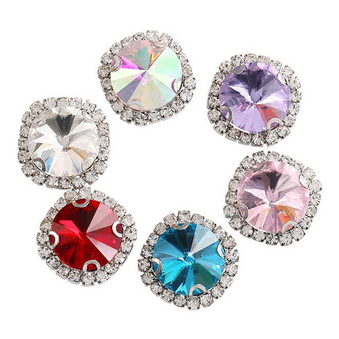 คริสตัลพลอยเทียม ทรงกลม ขนาด 18 มม. แบบขาเย็บ ฐานสีทองและสีเงิน สำหรับ DIY ตกแต่งเสื้อผ้า