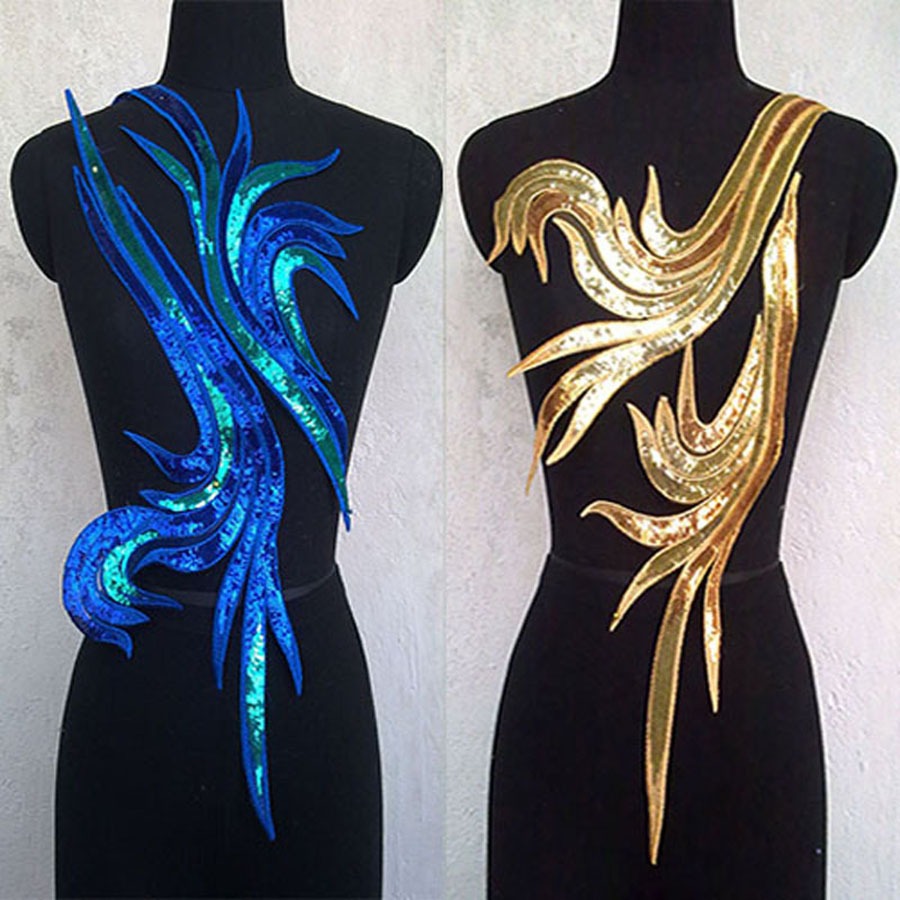 อุปกรณ์เสริมเสื้อผ้าและงานประดิษฐ์ ลาย Applique กะพริบเลื่อม สีฟ้าและทอง