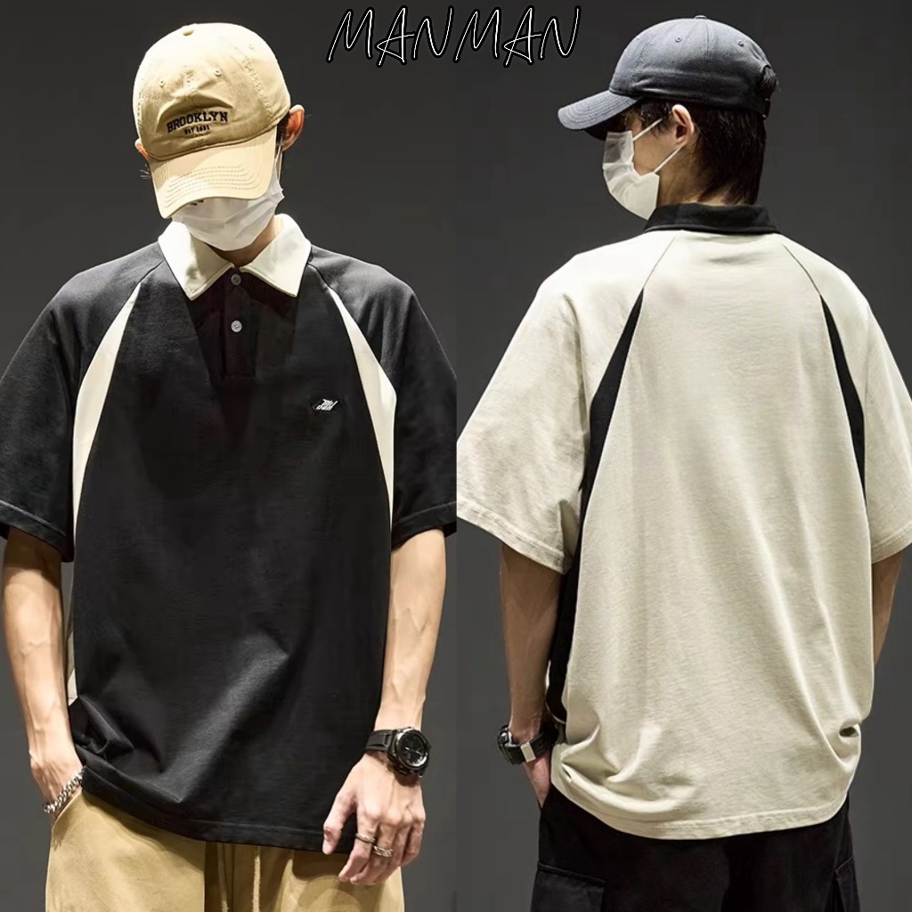 MANMAN เสื้อโปโลผู้ชาย เย็บติดกัน สไตล์อเมริกัน แบบหลวม ชุดคู่รัก แนววินเทจ