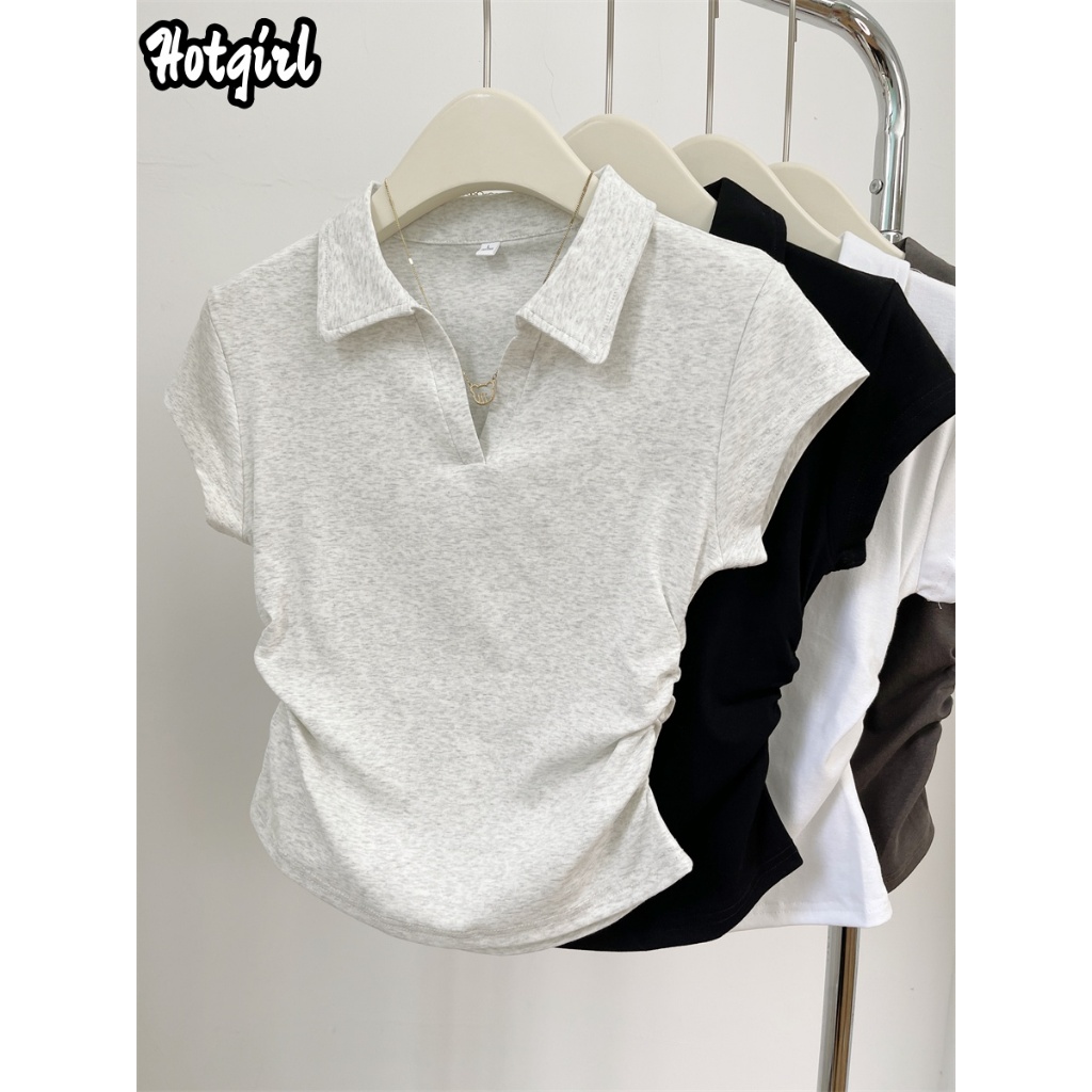 Hotgirl พร้อมส่ง✨เสื้อยืดผู้หญิง เสื้อยืดคอโปโล แขนสั้น ดูเรียบร้อย ดีไซน์จีบ สีพื้น สไตล์ลำลอง