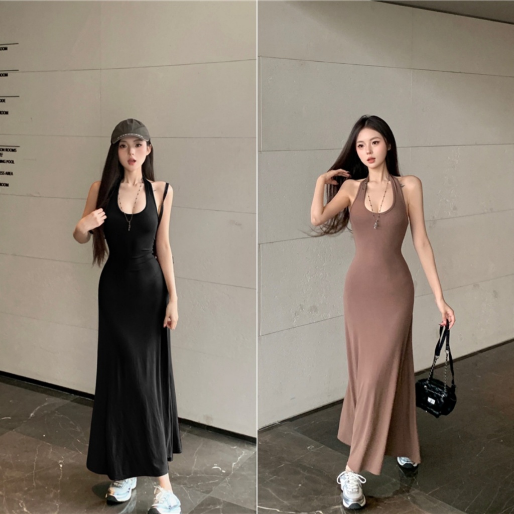 Hotgirl พร้อมส่ง✨ชุดเดรสผู้หญิง เดรสยาวเซกซี่ ชุดคอแขวน สีพื้น รัดรูป แฟชั่น ดีไซน์ใหม่