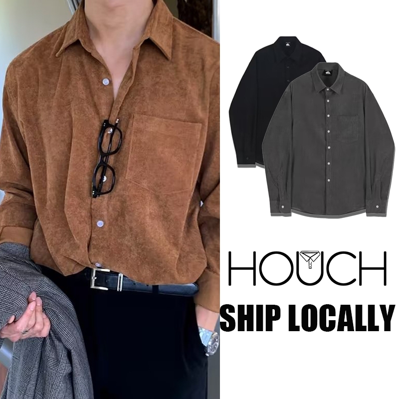 Houch พร้อมส่ง COD เสื้อเชิ้ตแขนยาวผ้าลูกฟูก สไตล์อังกฤษระดับไฮเอนด์ แฟชั่นฤดูหนาว สําหรับผู้ชาย