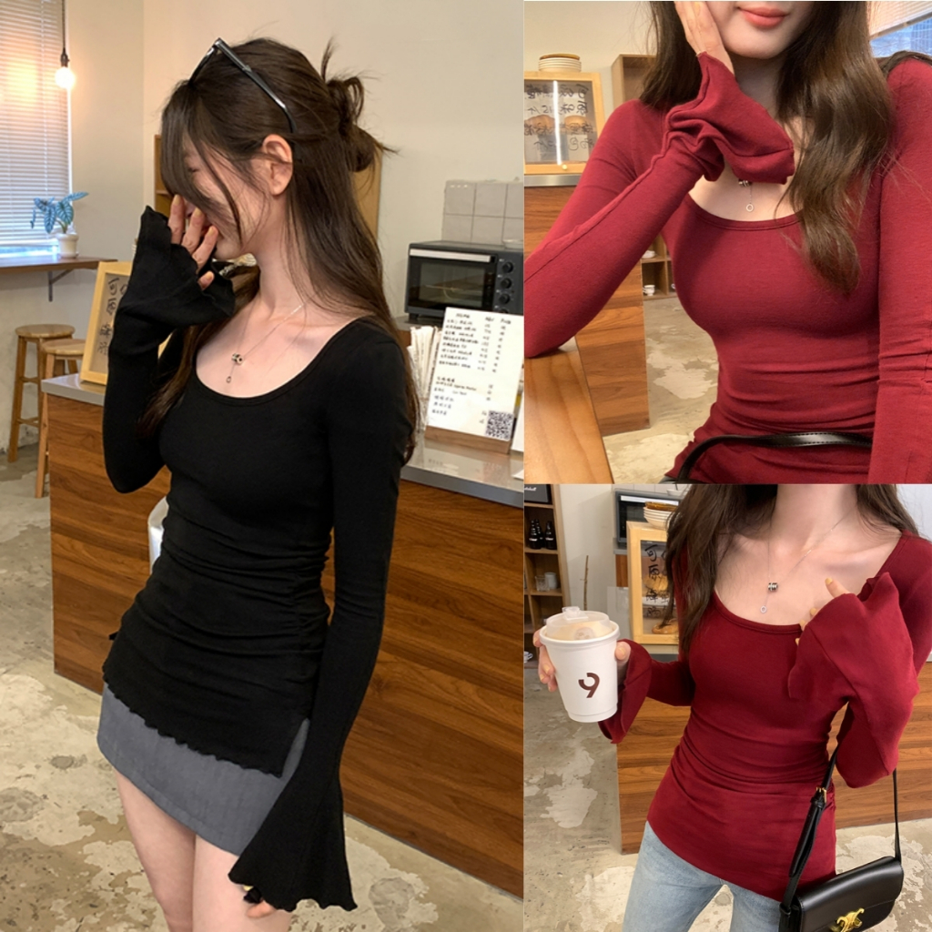 Luna Shop ความรู้สึกในการออกแบบ เสื้อยืดแขนยาวคอวีสไตล์เกาหลี ทรงเข้ารูปเข้ารูป ทรงรัดเอว