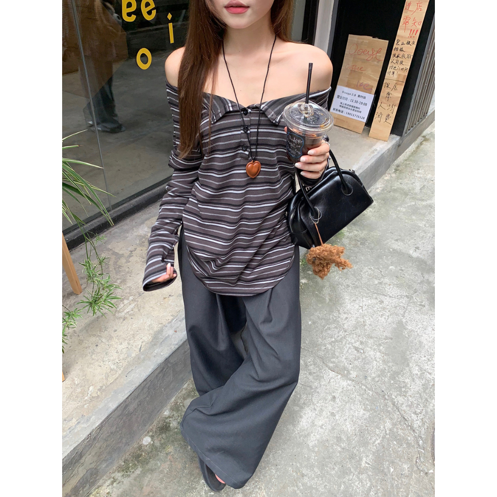 79042 ลายที่ไม่มีสายหนังหลวมแขนยาวเสื้อยืดด้านบน