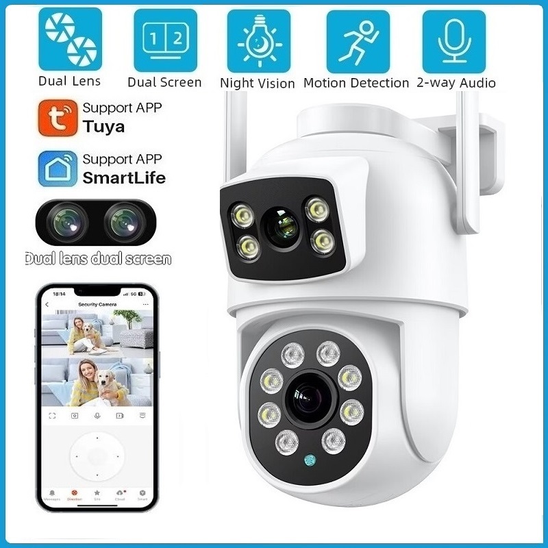 Tuya/smart Life 4MP PTZ Wifi กล้อง IP กลางแจ้งเลนส์คู่หน้าจอคู่ที่มีสีสัน Night Vision Auto Track กล้องวงจรปิดความปลอดภัยการเฝ้าระวังกล้อง