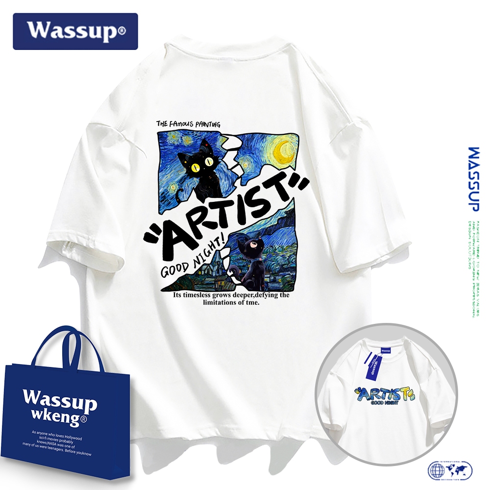 Wassup เสื้อยืดแขนสั้นผู้ชายลายภาพสตรีทน่ารักผลิตจากผ้าฝ้ายแท้แบบหลวม