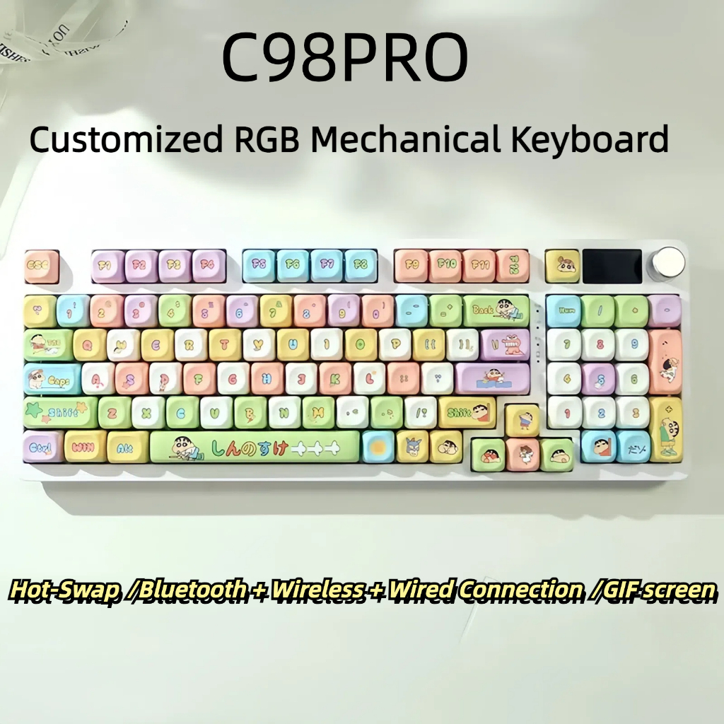 Thai ลิ้นจี่เล่นเกม C98Pro Thai โปร 98-คีย์จอแสดงผล2.4กรัมไร้สายบลูทูธแบบมีสายสามโหมดที่กําหนดเองแป้