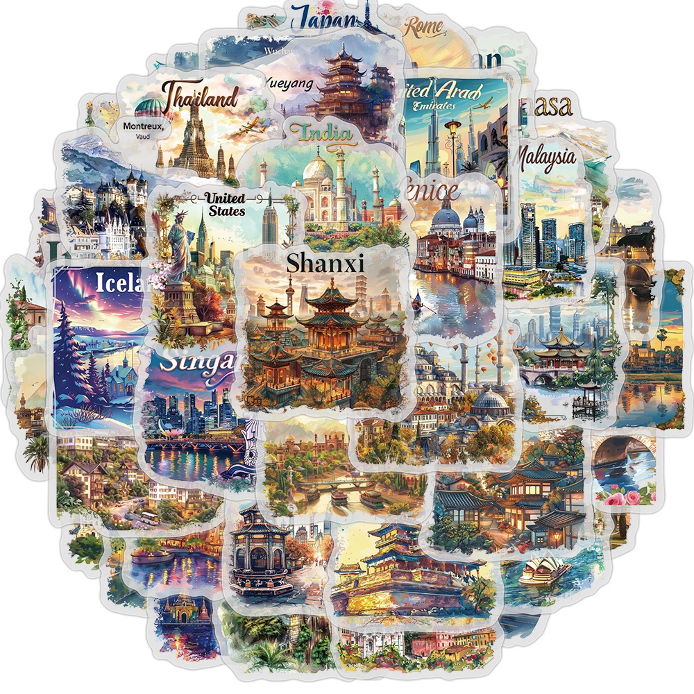 [สติ๊กเกอร์ขนาดใหญ่]50PCS World ที่มีชื่อเสียง Travel City Landmark Buildings สติกเกอร์โปสการ์ดการเดินทางทิวทัศน์ที่สวยงาม Decals DIY เคสโทรศัพท์แล็ปท็อปกระเป๋าเดินทางโทรศัพท์กันน้ําโปร่งใส Stic