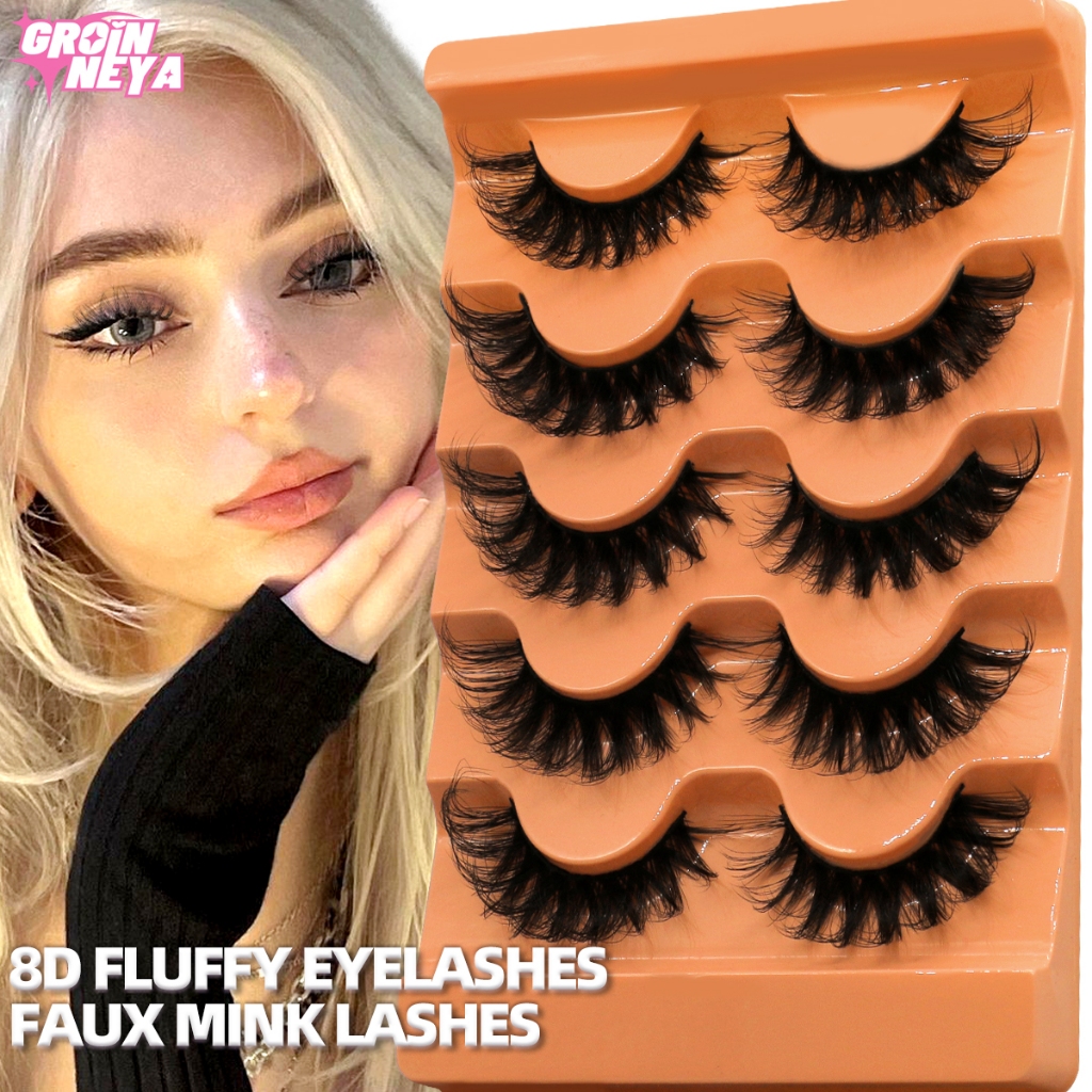 Groinneya Fluffy Lashes 5 คู่รัสเซีย curl สีส้ม Lashes 3D Mink Lashes ธรรมชาติ Full Strip Lashes