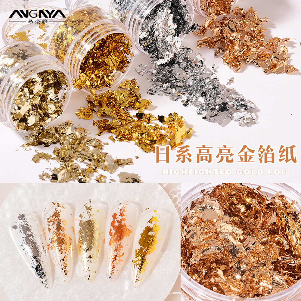 Angnya อุปกรณ์เพ้นท์เล็บฟอยล์สีทอง/เม็ดสีเพ้นท์เล็บฟอยล์ดีบุกสีทองและสีเงิน